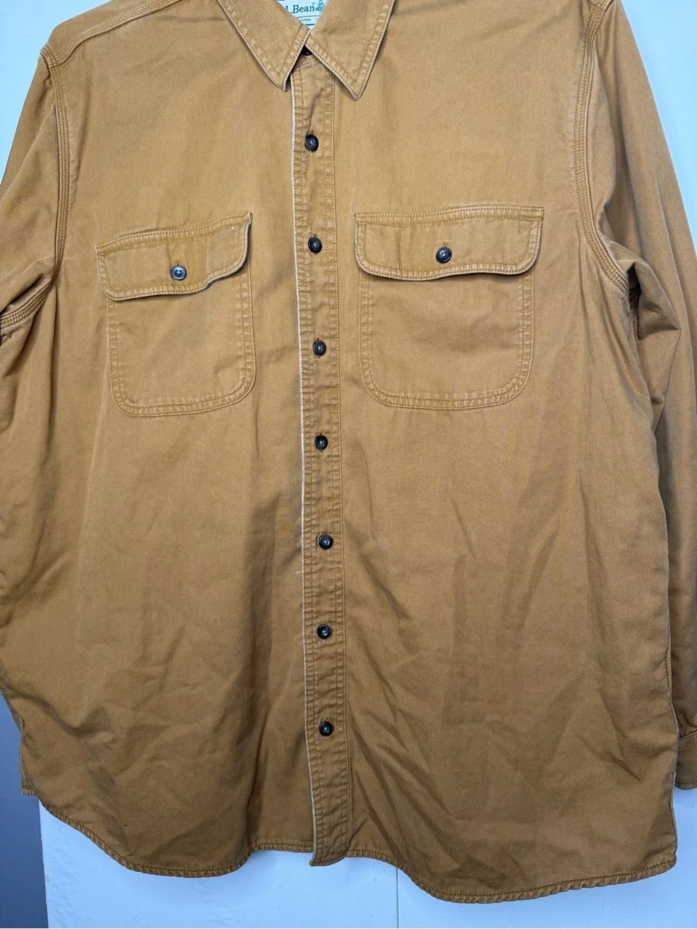 LL BEAN Shirt Mens L Hurricane Flannel Lined Plaid Button Up Shacket Camel brown